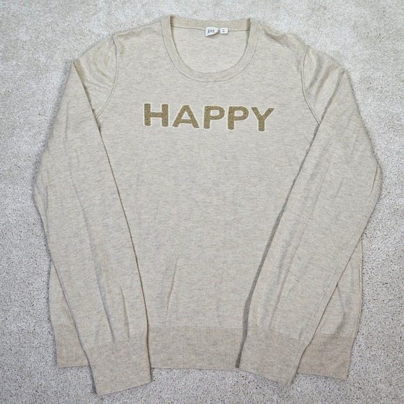 GAP Sweaters - Gap Women Knit Sweater Long Sleeve Crewneck HAPPY Graphic Oatmeal XL Merino Wool